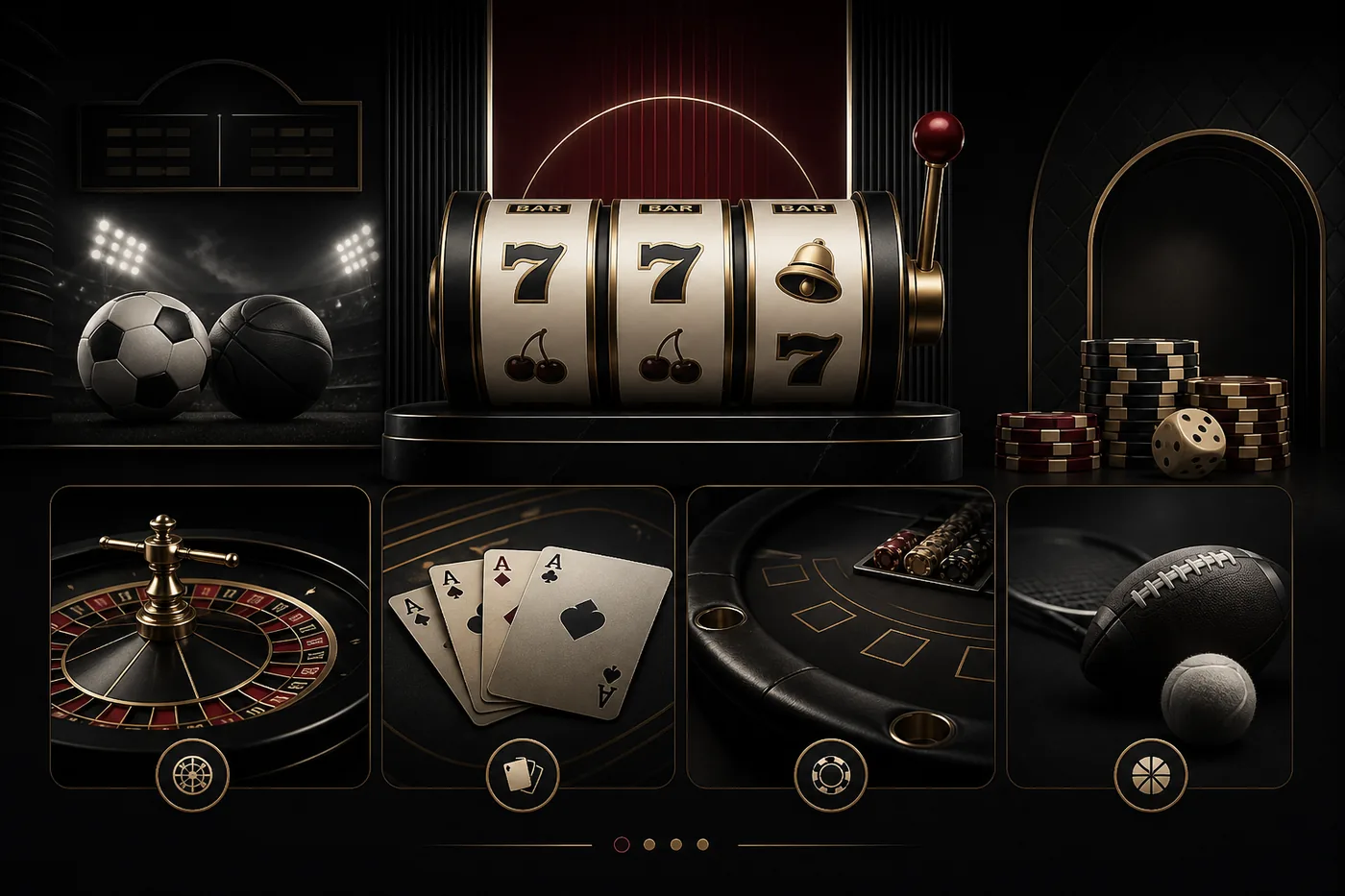 Kolase editorial kategori slot, roulette, kartu, dan olahraga yang dikaitkan dengan pencarian Jamin777